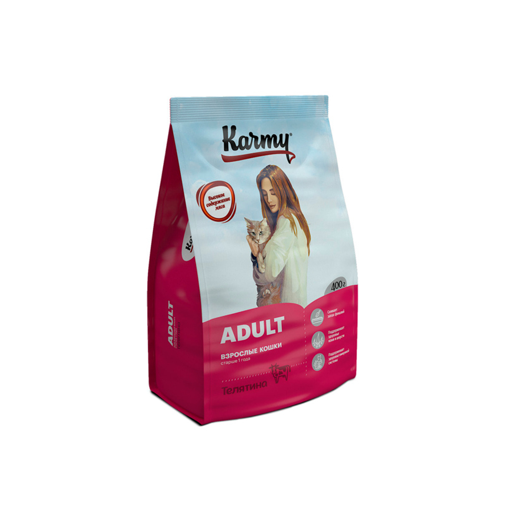 Сухой корм для взрослых кошек старше 1 года с Телятиной Karmy Adult