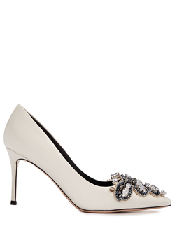 Женские туфли кожаные белые с камнями у носка