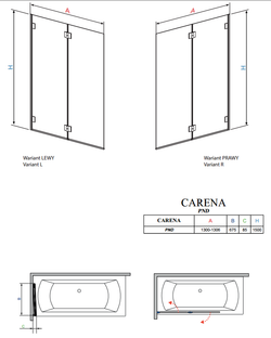 Шторка на ванну  Radaway Carena  PND 130 202201-101R правая, крепится справа, профиль хром, стекло прозрачное 130x150см. схема