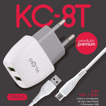 Зарядное уст-во USB +TypeC KLGO KC-8T (2.4A/Auto-ID)