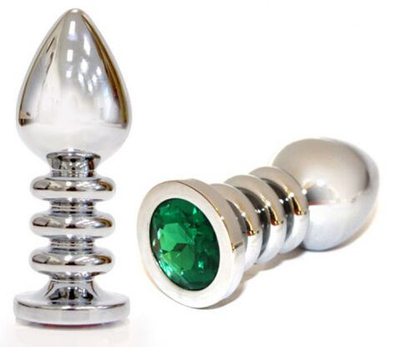 Большая серебристая анальная пробка с изумрудным кристаллом - 10 см. (Цвет: изумрудный)