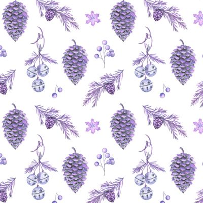 Новогодние фиолетовые бубенцы и шишки на белом