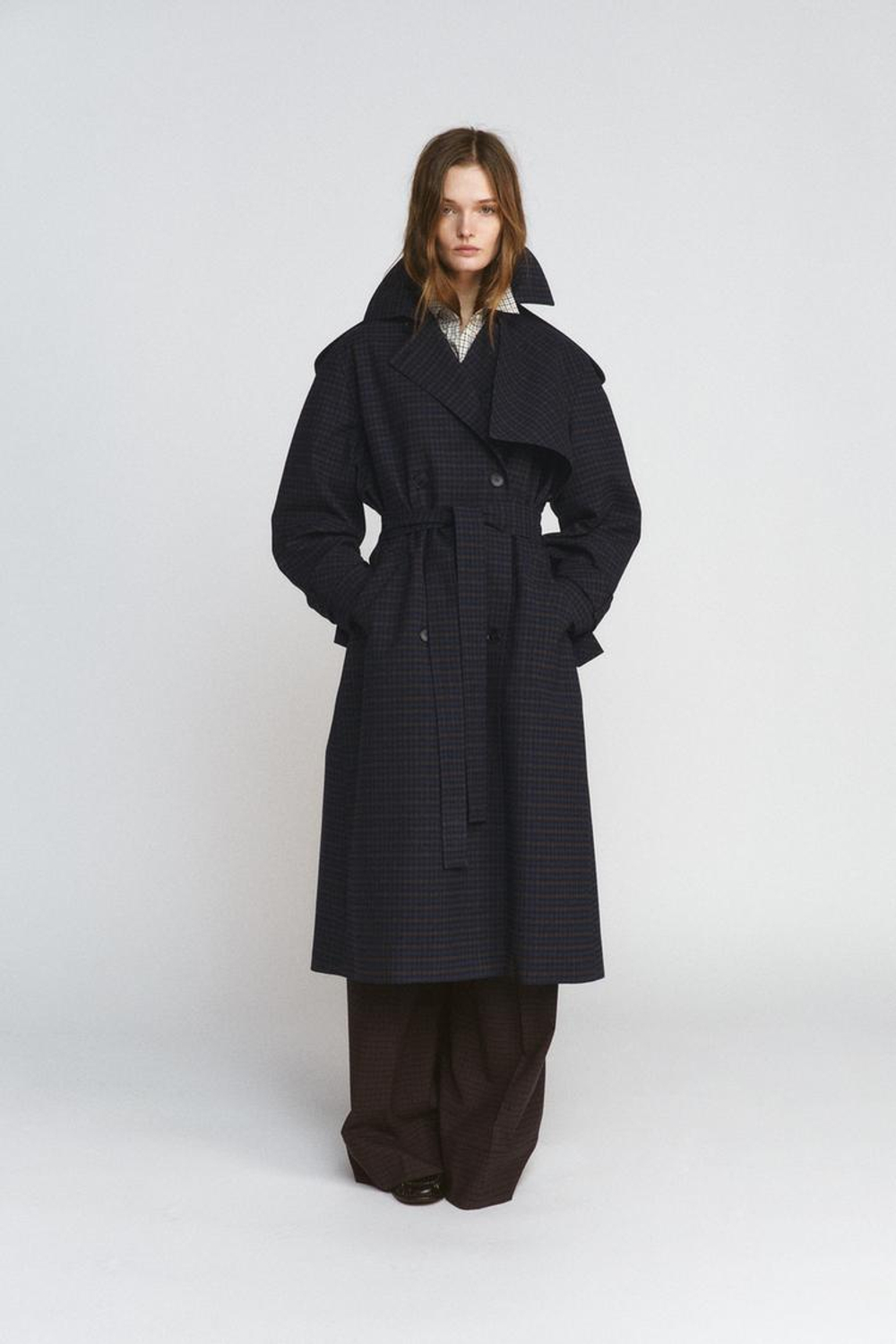 ZARA ТРЕНЧ В КЛЕТКУ ZW COLLECTION LIMITED EDITION, КОРИЧНЕВО-СИНИЙ