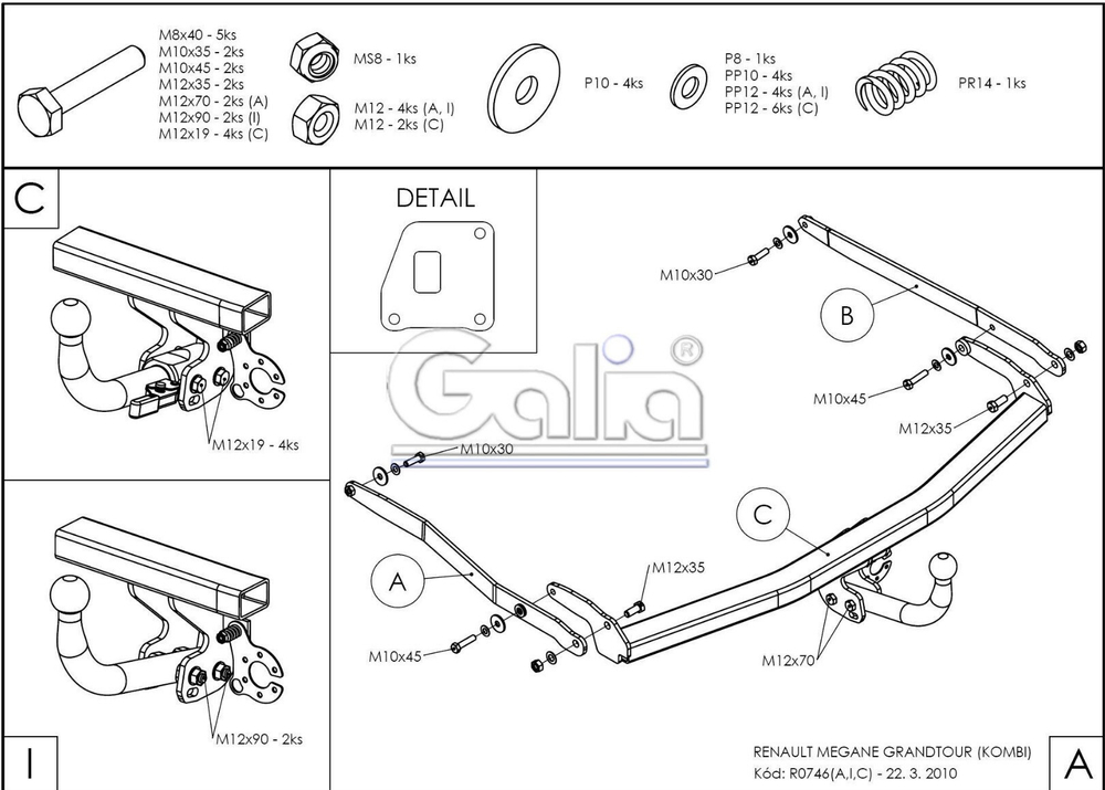 Фаркоп оцинкованный Galia R074A для Renault Megane II 2003-2008 (classic) седан/универсал, Megane III универсал 2008-(паспорт и сертификат в комплекте)(без электрики)