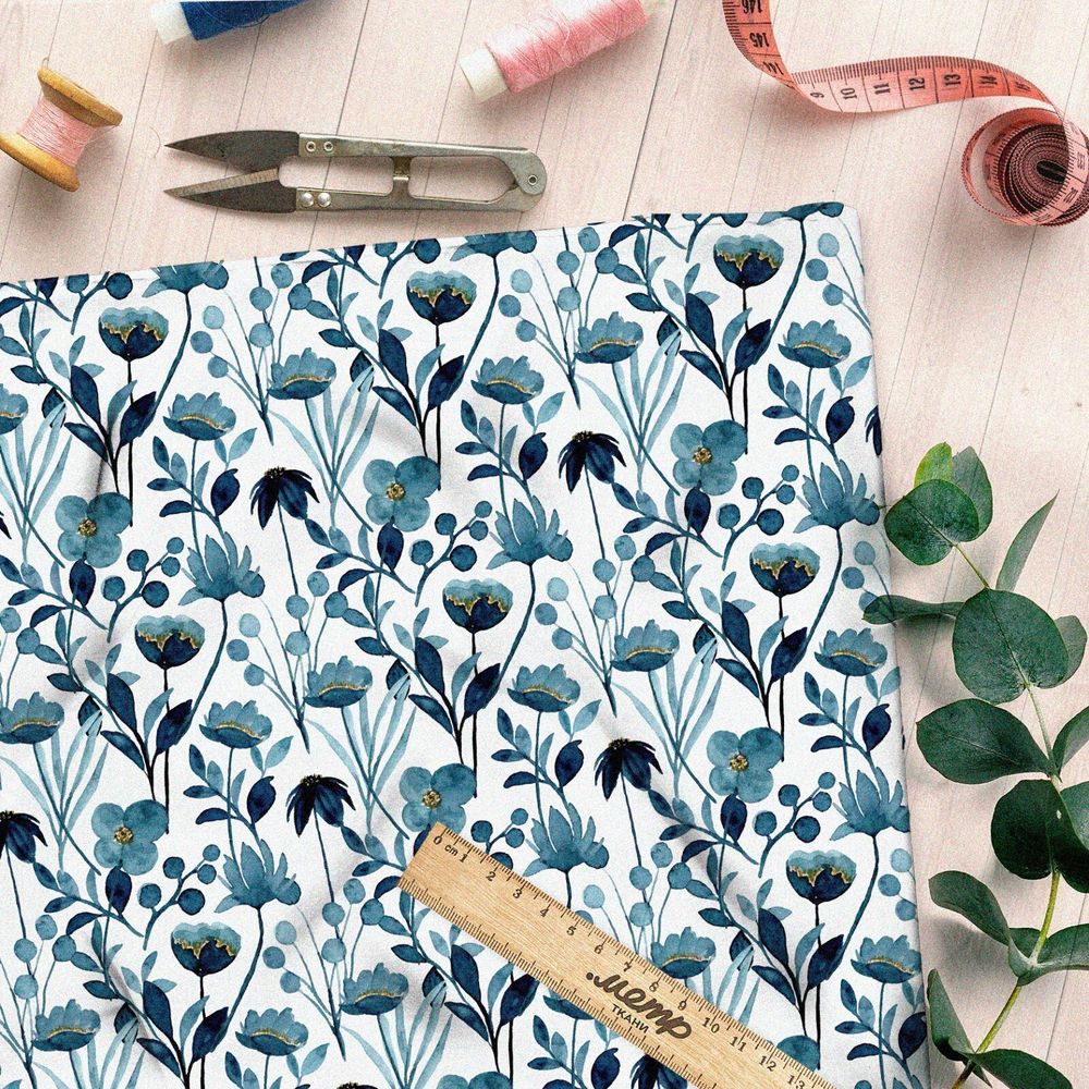 Ткань муслин голубые лотосы