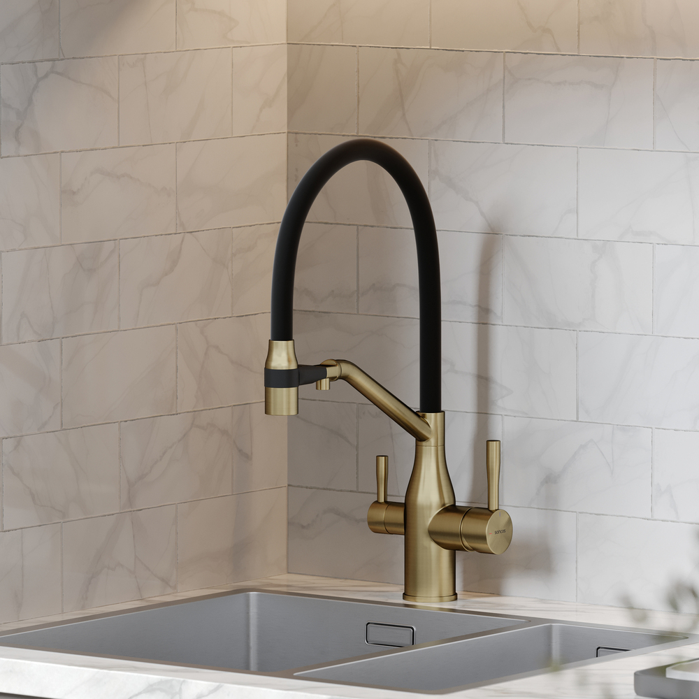 Смеситель для кухни Sancos Orta с гибким изливом, цвет брашированное золото/черный, PVD покрытие, арт. SC4008BG