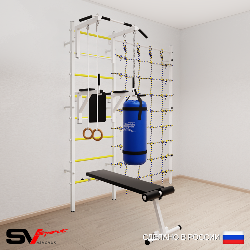 Шведская стенка Sv Sport 58130 (Турник стандарт/Брусья/Скамья/Кольца/Цепь/Мешок 30кг/Канатный лаз)