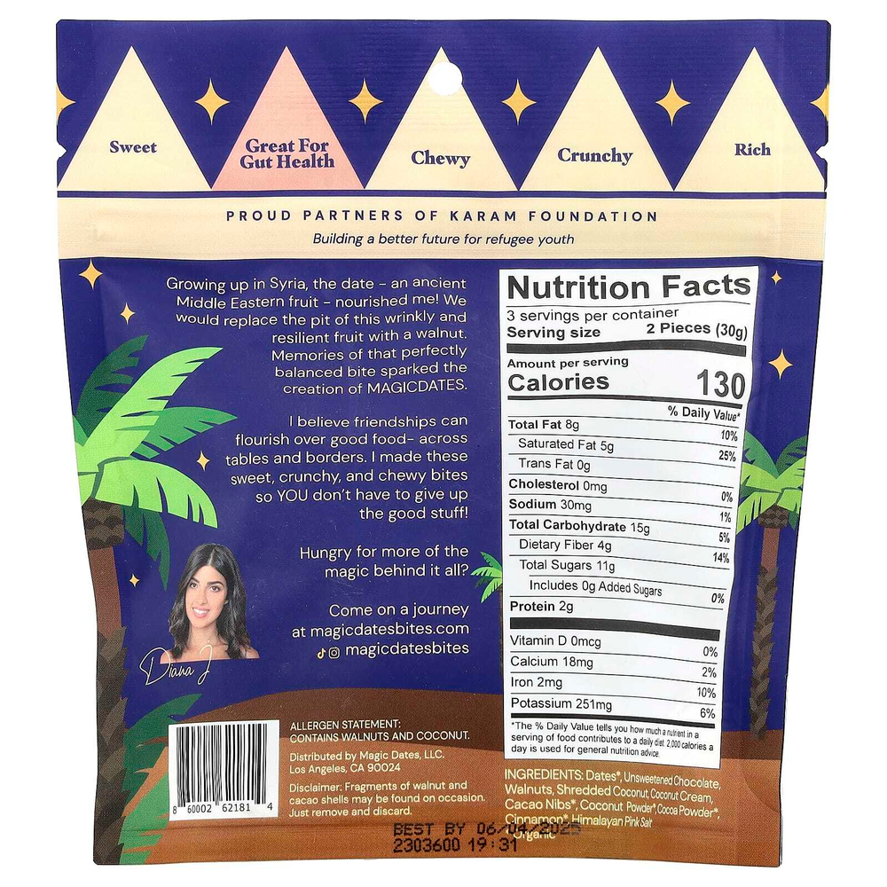MAGICDATES, Snack Bites, покрытый 100% темным шоколадом, тройной шоколадный хрусталь, 100 г (3,5 унции)