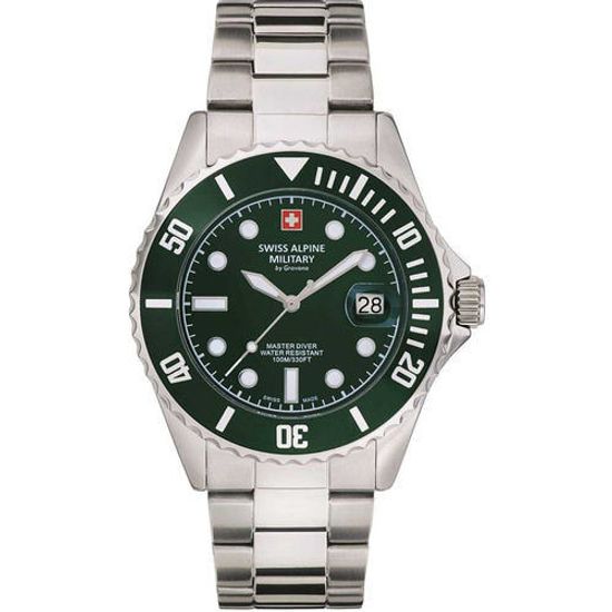 С браслетом Мужские наручные часы с серебряным браслетом Swiss Apline Military 7053.1134 diver 42mm 10ATM