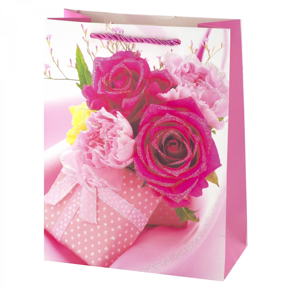 Пакет подарочный бумажный Alingar, (XL) 31х40х12 см, вертикальный, "Нежный букет", мат. ламинация, глиттер, ассорти
