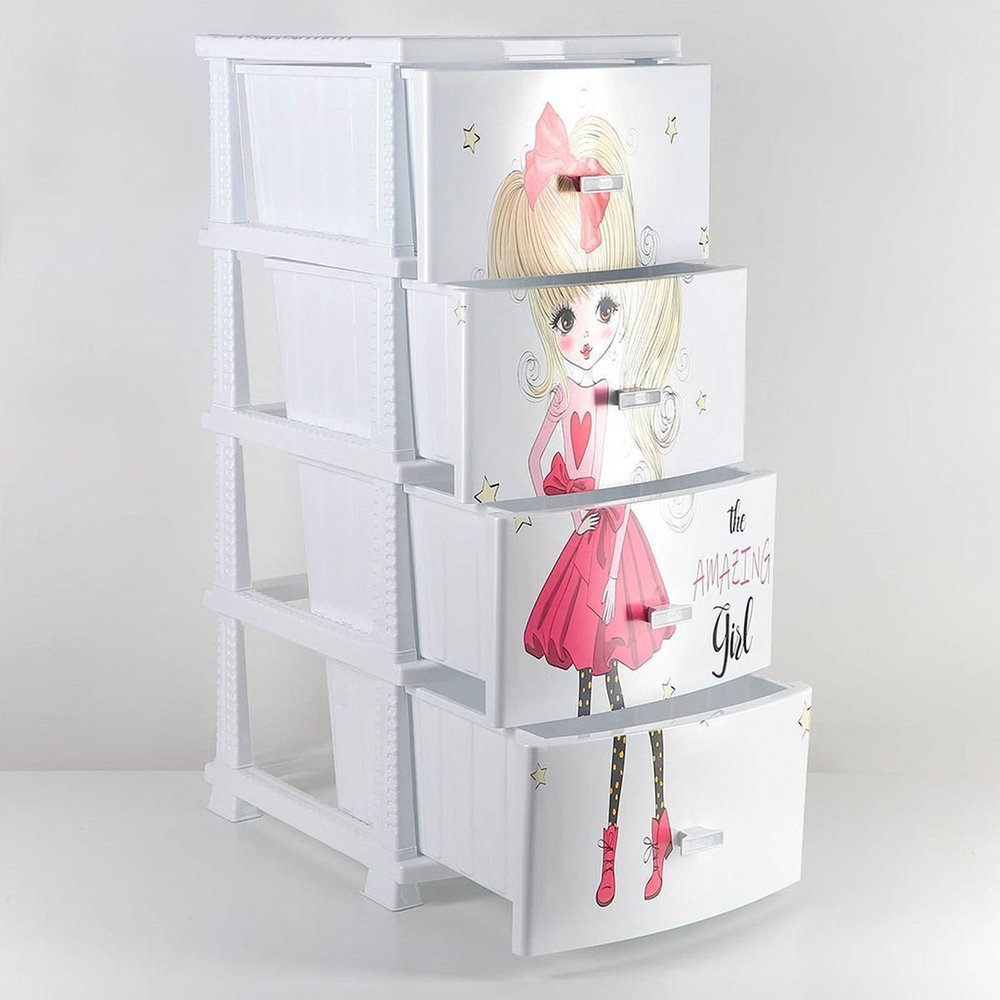 Комод детский 4 ящика, Красотка, 38х47х98 см, бел, Росспласт, РП-451