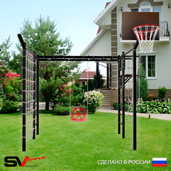 Уличная шведская стенка Sv Sport рукоход с комплектом турник прямой 2шт У5407К (Турник/Брусья/Со спинкой/Щит баскет/Кронш бокс/Канат/кольца/лестница/Сетка)