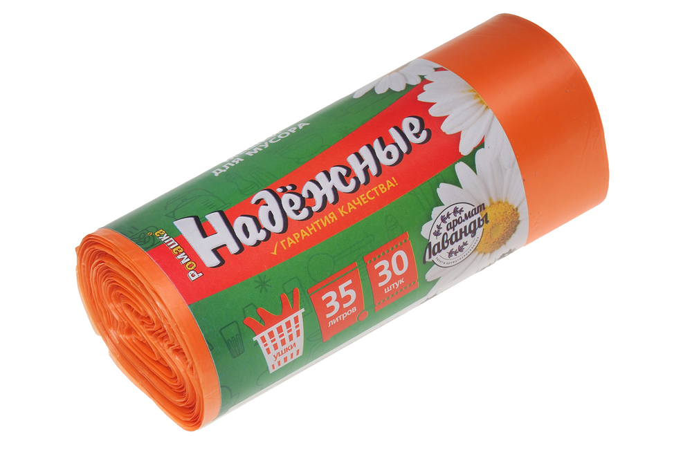 Мешки для мусора Надежные 35л 30 шт/уп 12мкм 50смх60см оранжевые с ушками вес рулона 200г вес мешка 6.6г ПСД дно плоское со швом без боковых фальцев Ромашка ВЛ-036-30