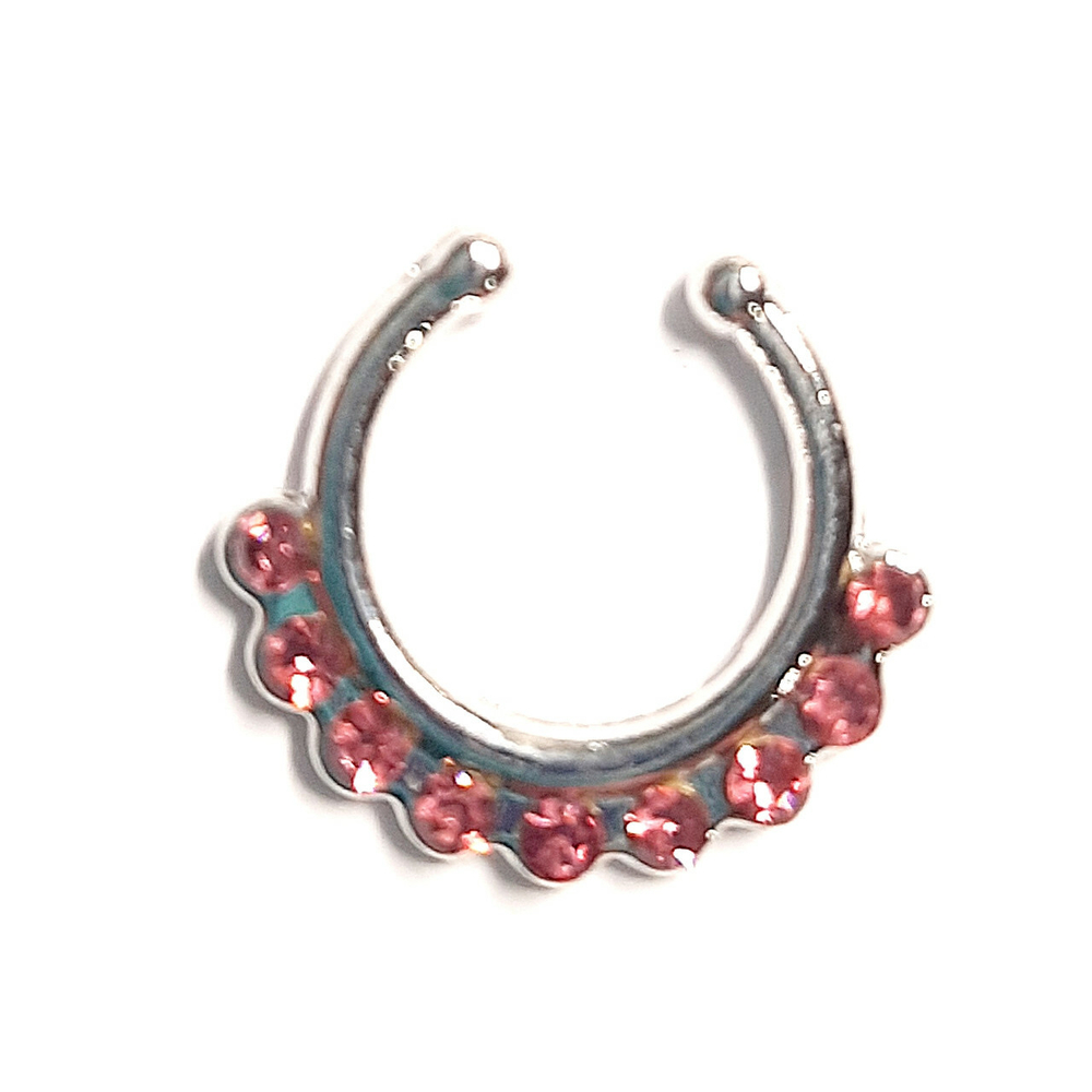 Серьга для имитации пирсинга септума носа кольцо с розовыми кристаллами.