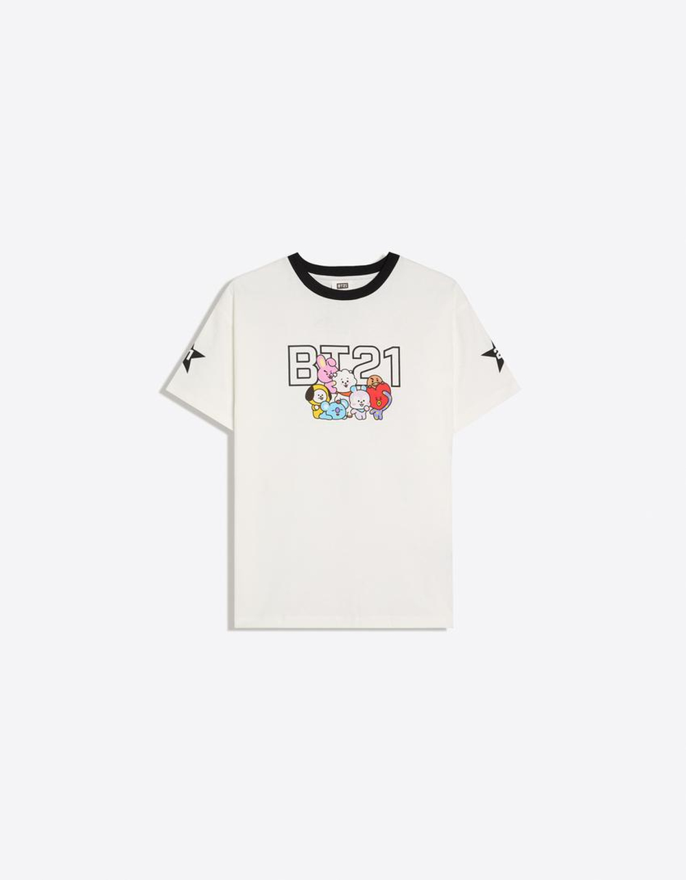 BERSHKA Футболка оверсайз с принтом BT21, белый