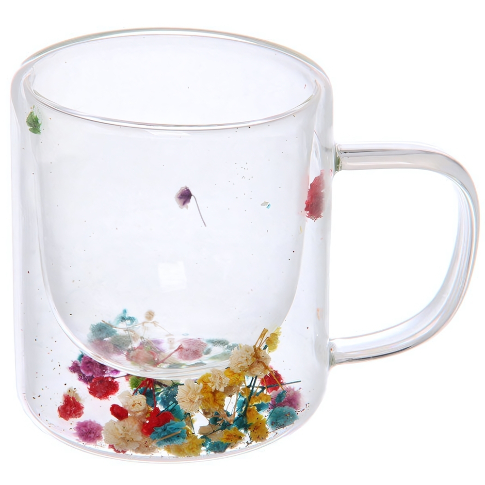 Кружка стеклянная с двойными стенками 270мл «Хай-Тек» с цветами
