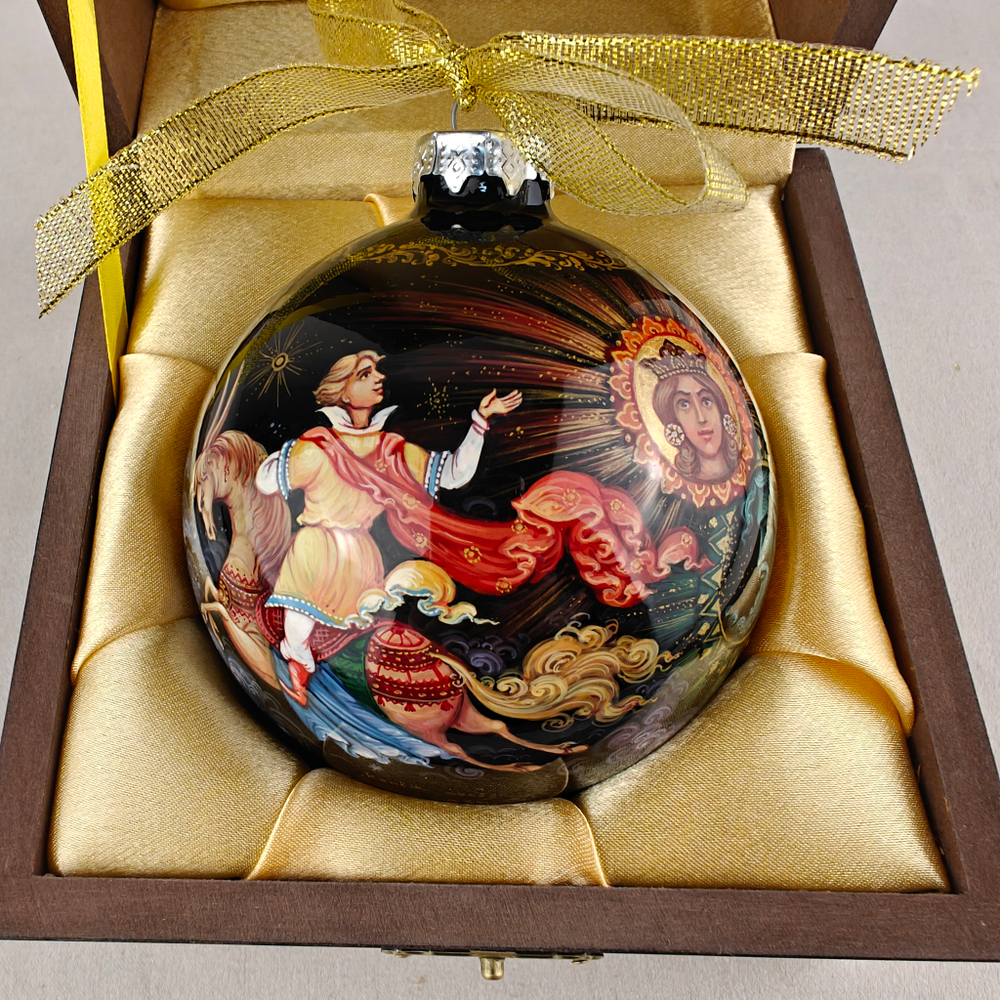 Шар новогодний с круговой росписью Палех "Конек-горбунок" в футляре