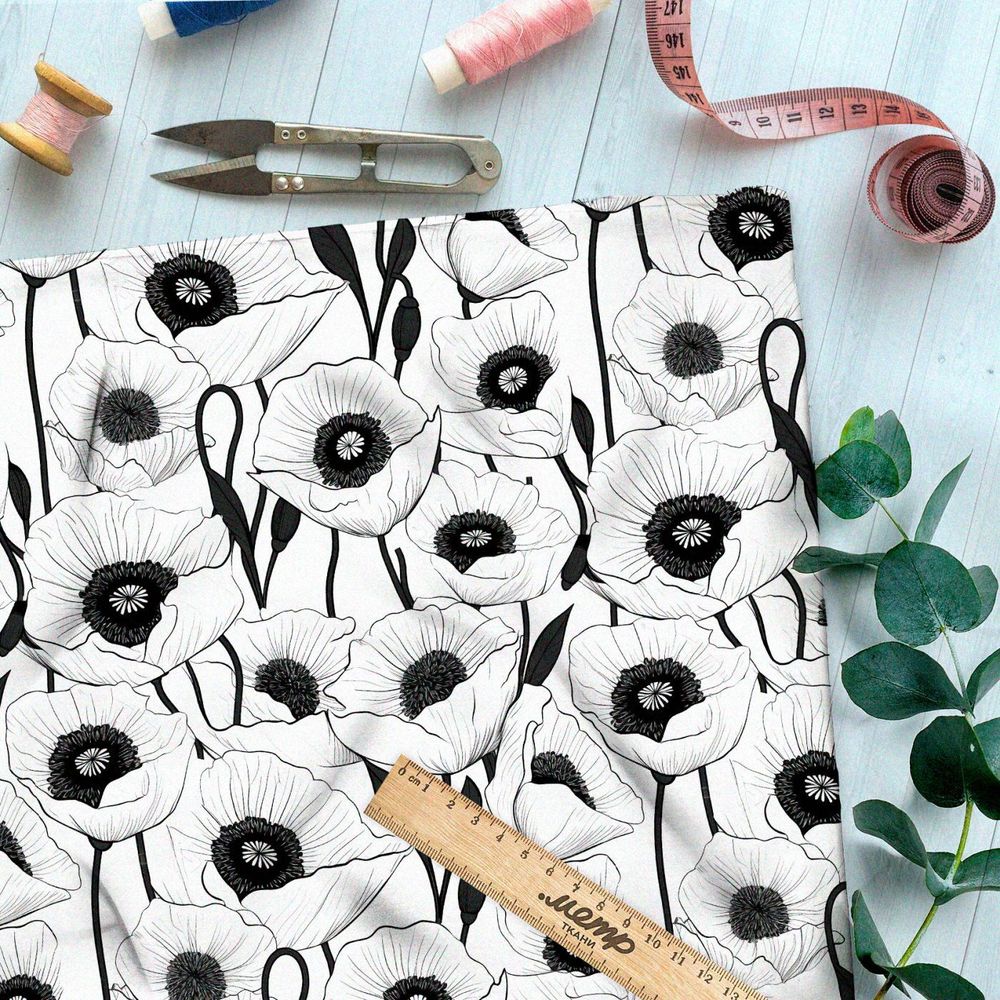 Ткань премиум интерлок крупные черно-белые  маки