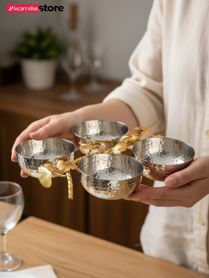 Менажница 4 отделения из нержавеющей стали с золотистым декором