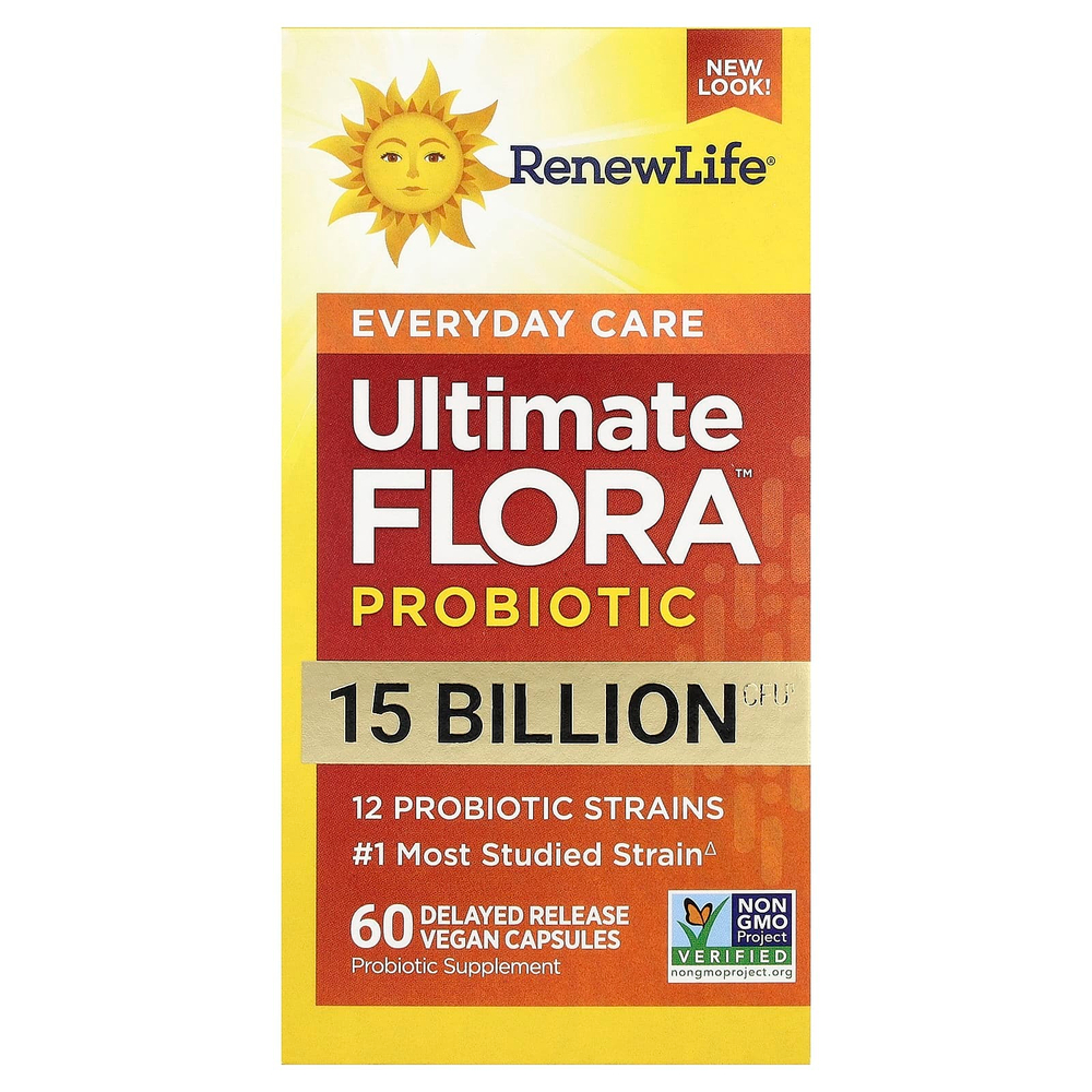 Renew Life, Ultimate Flora, ежедневный пробиотик, 15 млрд КОЕ, 60 вегетарианских капсул