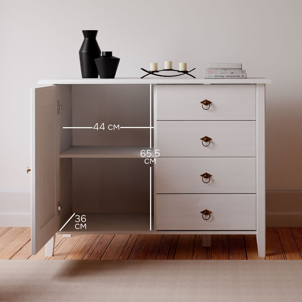 Dipriz Комод Боцен из сосны, 4 ящика 1 дверь, на ножках, 103х43х79 см, белый воск