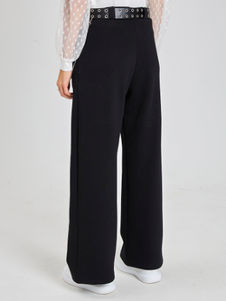 Брюки утепленные для девочки палаццо с ремнем люверсы чёрные