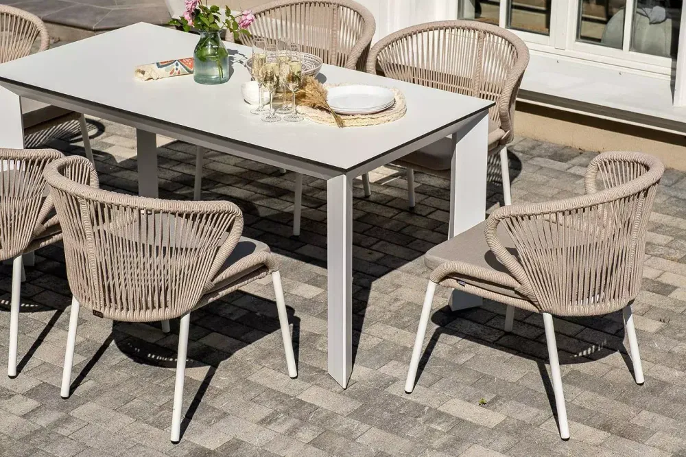 "Венето" обеденная группа на 6 персон со стульями "Милан", каркас белый, роуп бежевый