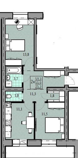 2+ квартира, 57,8 м² / Чистовая отделка