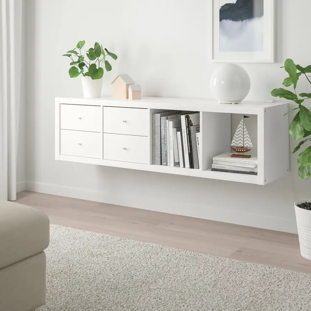 Стеллаж 4 ячейки с ящиками - IKEA KALLAX, 42х147 см, белый, КАЛЛАКС ИКЕА