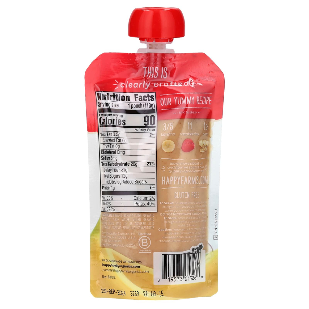 Happy Family Organics, Happy Baby, детское питание, для детей от 6 месяцев, бананы, малина и овсянка, 113 г (4 унции)