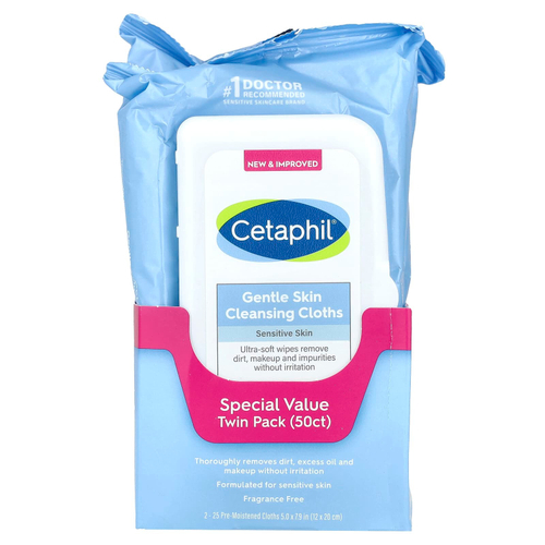 Cetaphil, Деликатные салфетки для очищения кожи, без отдушек, 2 упаковки, по 25 предварительно увлажненных салфеток
