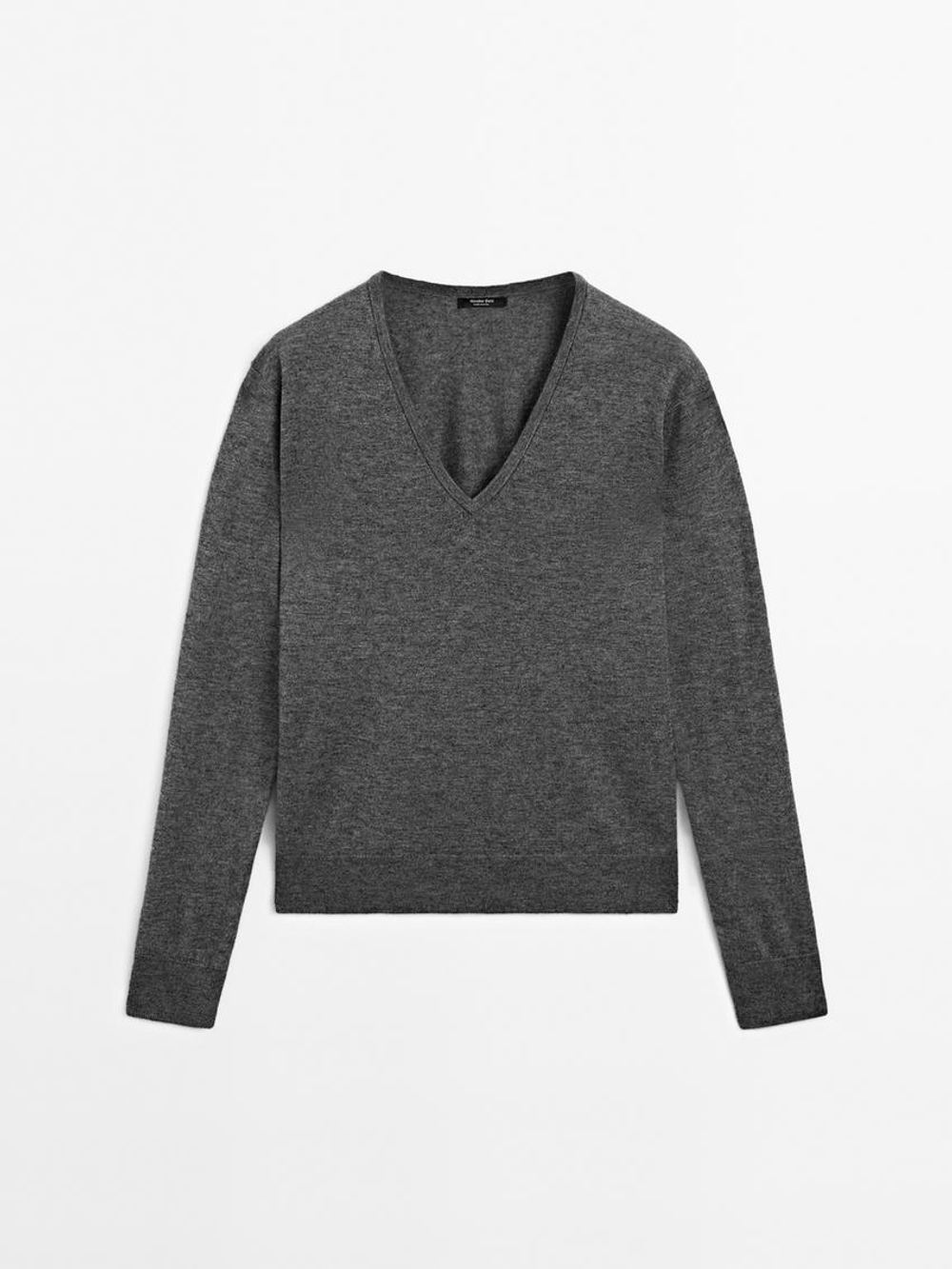 Massimo Dutti Свитер из смесовой шерсти с V-образным вырезом, серый