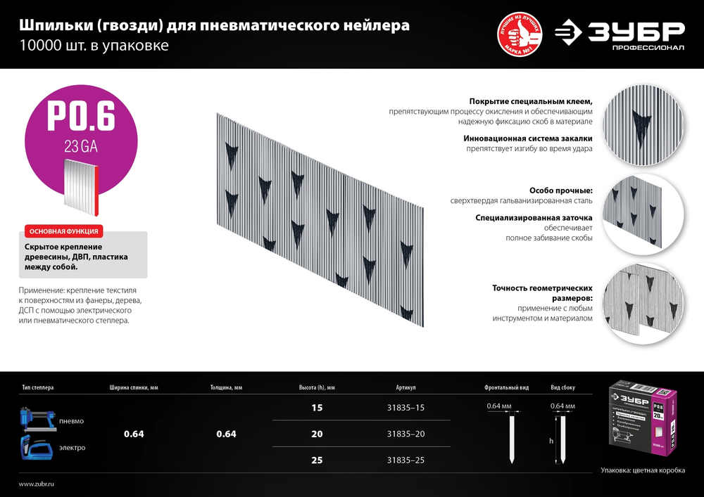 ЗУБР тип 23GA (P0.6) 20 мм, 10 000 шт, шпильки для нейлера, Профессионал (31835-20)