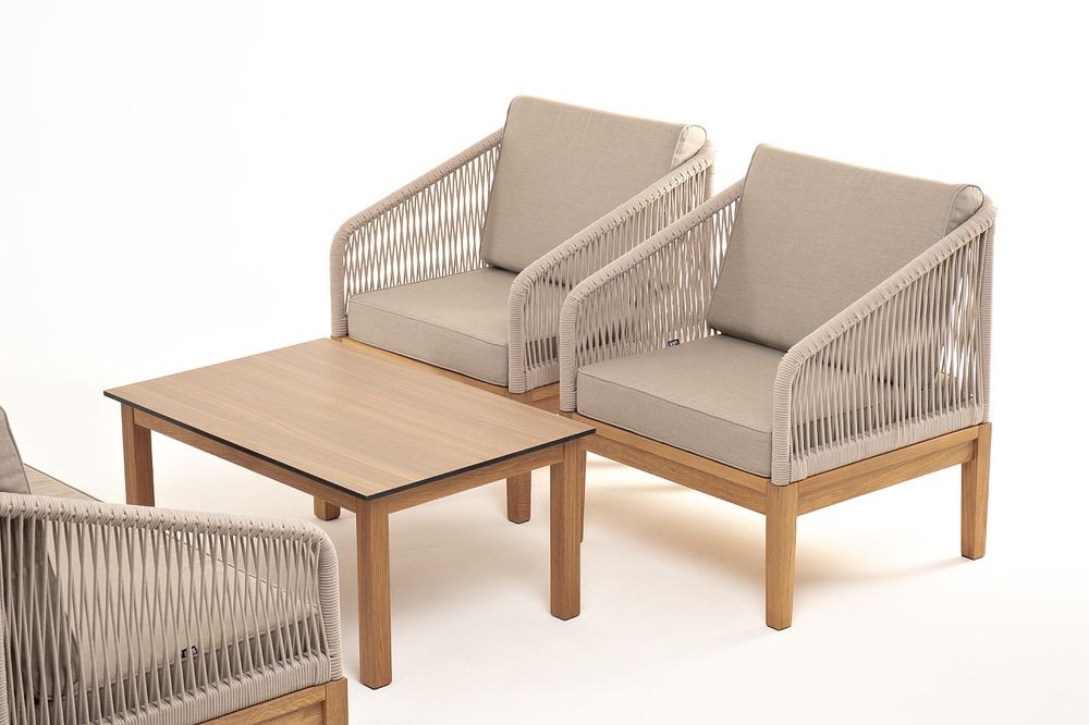 "Канны" лаунж-зона 4-местная из роупа со столиком "Канны" цвета "дуб", основание дуб, роуп бежевый