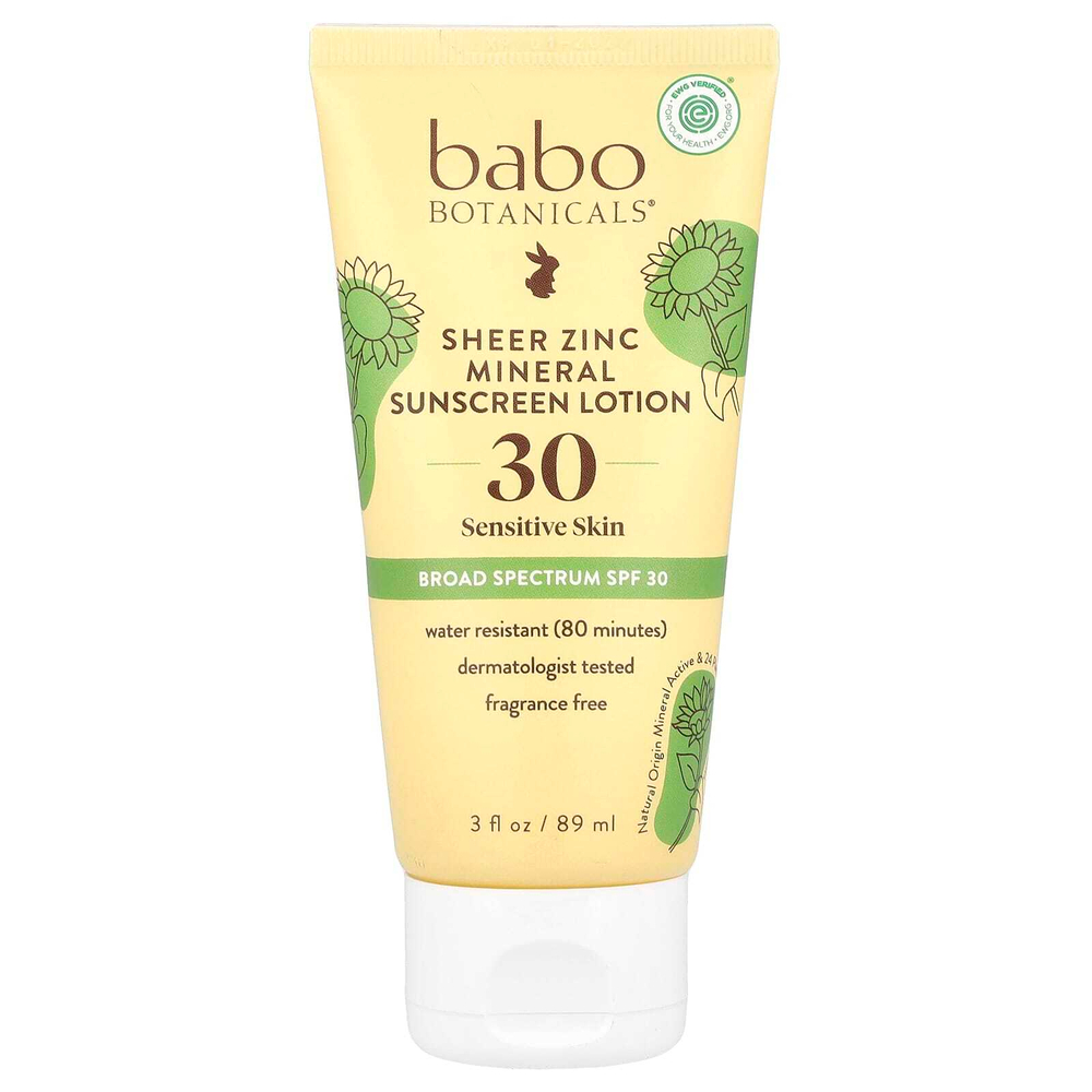 Babo Botanicals, Минеральный солнцезащитный лосьон с цинком, для чувствительной кожи, SPF 30, без отдушек, 89 мл (3 жидк. унц.)