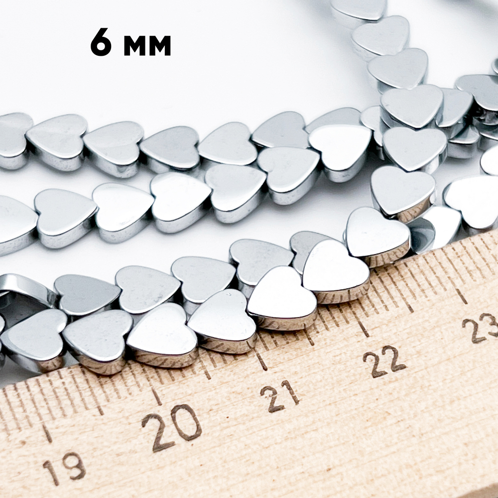 Гематит Сердце бусины (имитация), цвет серебристый, размер около 6 мм, цена за отрезок 19 см (1/2 нити)