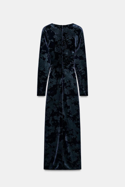 ZARA БАРХАТНОЕ ПЛАТЬЕ МИДИ С ФУРНИТУРОЙ, СИНИЙ