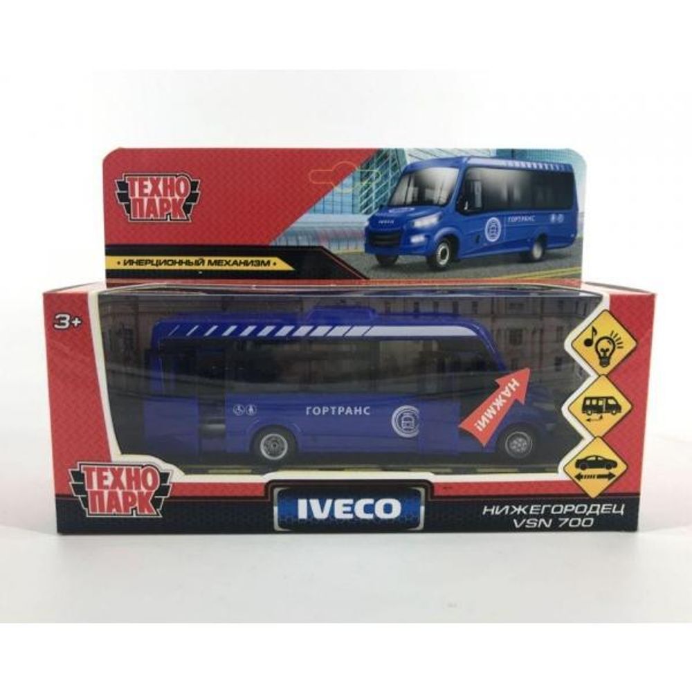 Модель ин. мет. "Автобус Iveco daily" свет/звук, 15см. двери, синий, в коробка (Технопарк)