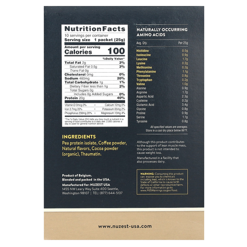 Nuzest, Clean Lean Protein, смесь для приготовления напитков из горохового протеина премиального качества, настоящий кофе, 10 пакетиков по 25 г (0,9 унции)