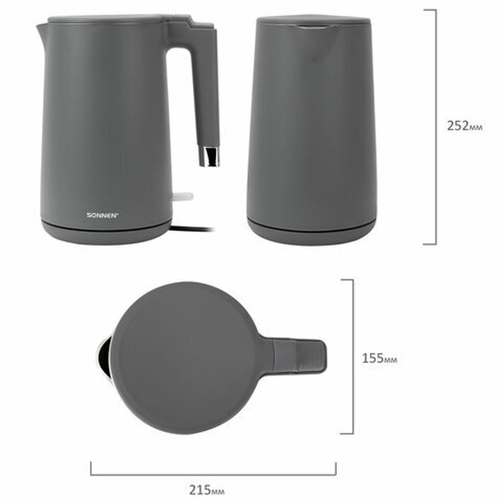 Чайник электрический с двойными стенками SONNEN KT-8719G, 1,5 л, 2200 Вт, графитовый, 454693