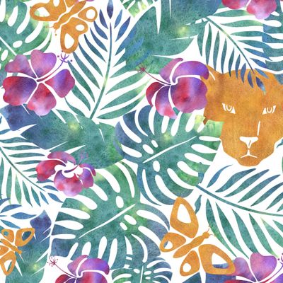 Паттерн Тропический ,листья, цветы, пума