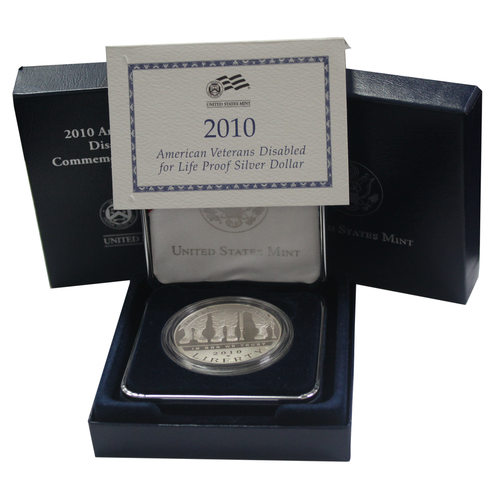 1 доллар 2010 (W). США. Инвалиды войны. Серебро PROOF в родной коробке с сертификатом