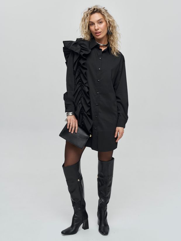 Платье-рубашка с воланом по плечу , черное