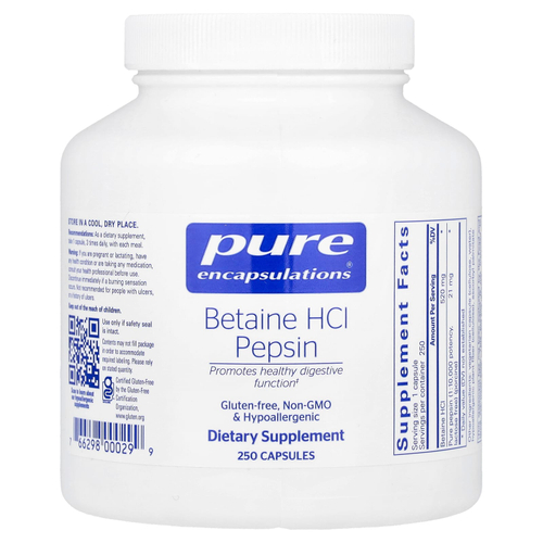 Pure Encapsulations, Бетаин гидрохлорид, пепсин, 250 капсул