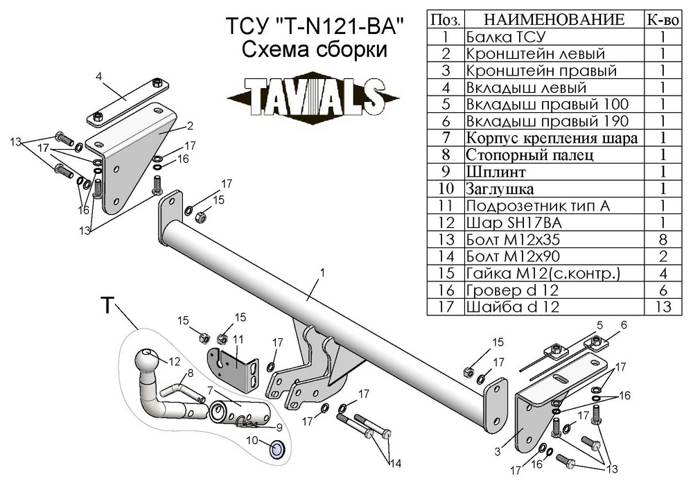 Фаркоп(прицепное) Tavials для NISSAN QASHQAI, +2 (J10/J11) 2008-2014, 2014- (С БЫСТРОСЪЕМНЫМ ШАРОМ)(паспорт и сертификат в комплекте)(без электрики)T-N121-BA