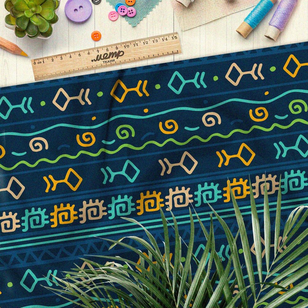 Ткань флис разноцветные символы и руны на тёмно-синем фоне