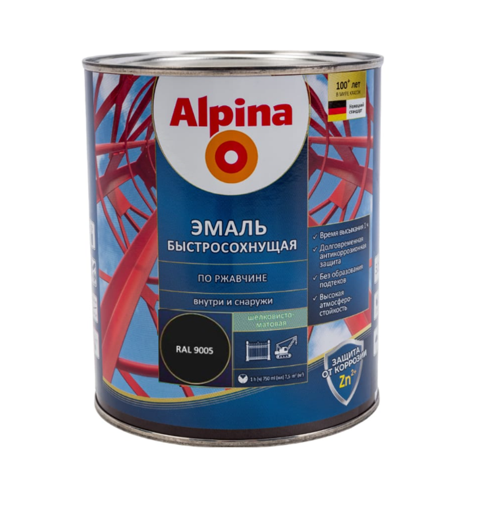 ГРУНТ-ЭМАЛЬ АЛКИД ALPINA ЭМАЛЬ ПО РЖАВЧИНЕ ШЕЛК-МАТ RAL 9005 750 МЛ/ 900ГР