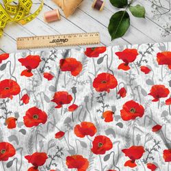 Ткань поплин красные маки и серые стебли