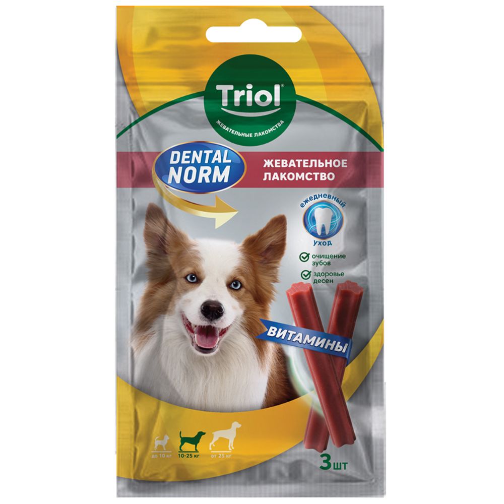 Лакомство Triol DENTAL NORM для собак средних пород "Палочки жевательные с витаминами", 75г Лакомство Triol DENTAL NORM для собак средних пород "Палочки жевательные с витаминами", 75г