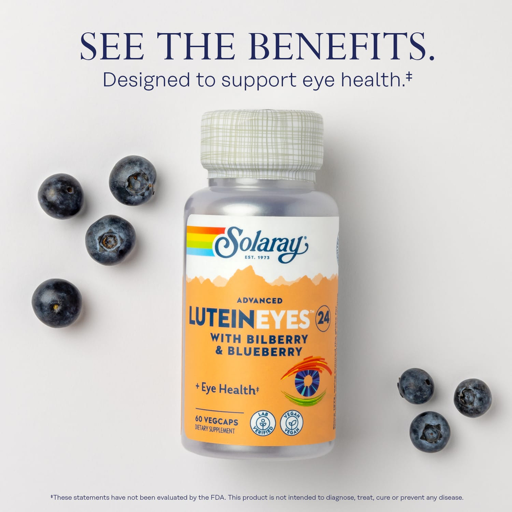Solaray, Advanced Lutein Eyes 24, улучшенная формула с лютеином для здоровья глаз, с черникой и голубикой, 60 капсул VegCaps